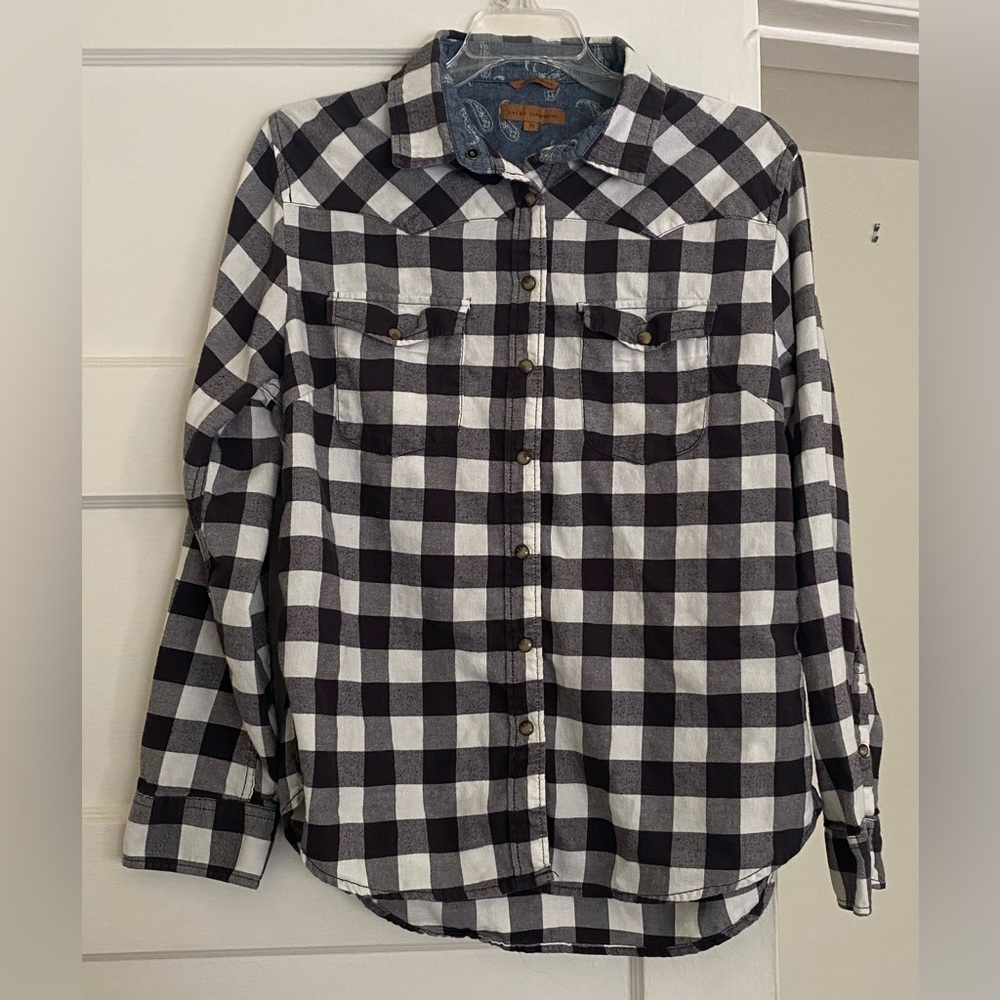 Jachs Girlfriend Black White Plaid Collared Checker Button Up Flannel Shirt M